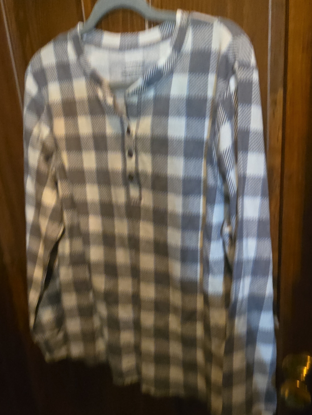 Essentials Gray and White Plaid Henley Top